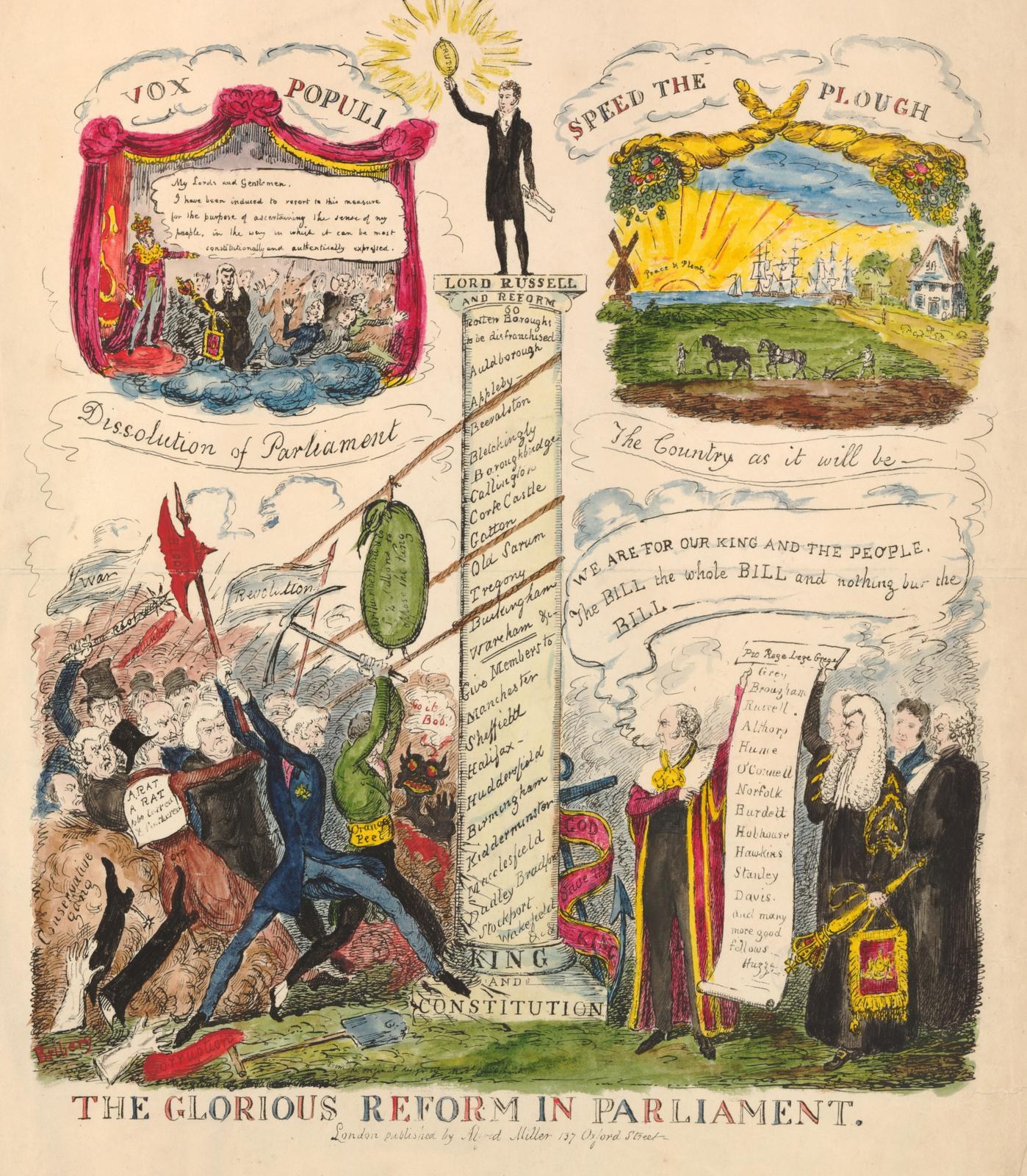 Ein bunt illustrierter Dokumenttitel "Die glorreichen Reformen im Parlament", mit fetter Schrift und verschiedenen lächelnden Menschen, symbolisiert Hoffnung und Fortschritt.