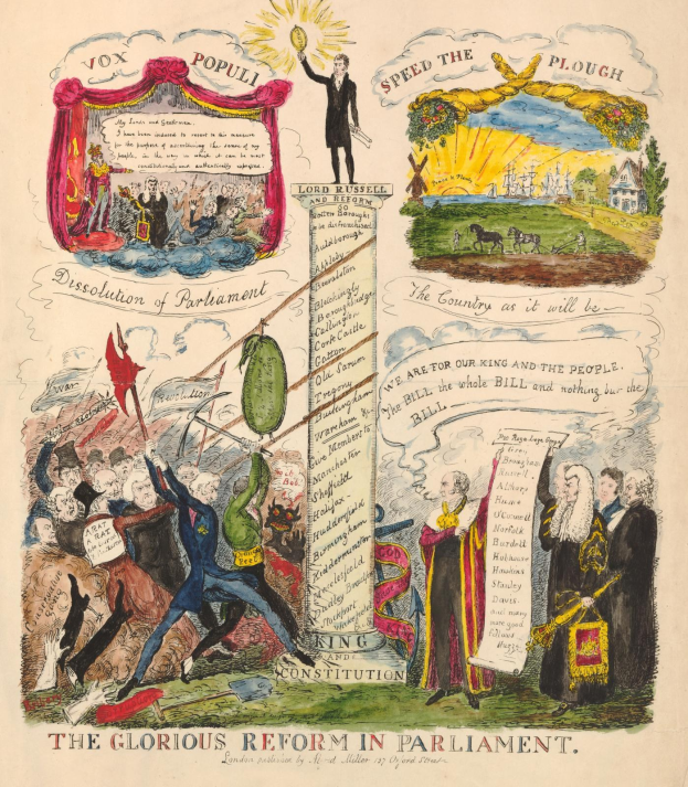 Ein bunt illustrierter Dokumenttitel "Die glorreichen Reformen im Parlament", mit fetter Schrift und verschiedenen lächelnden Menschen, symbolisiert Hoffnung und Fortschritt.