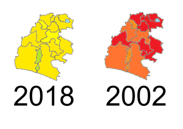 Eine Deutschlandkarte mit hervorhebenden Provinzen von 2018 und 2002 in Gelb, Rot und Orange auf einem weißen Hintergrund mit Text.