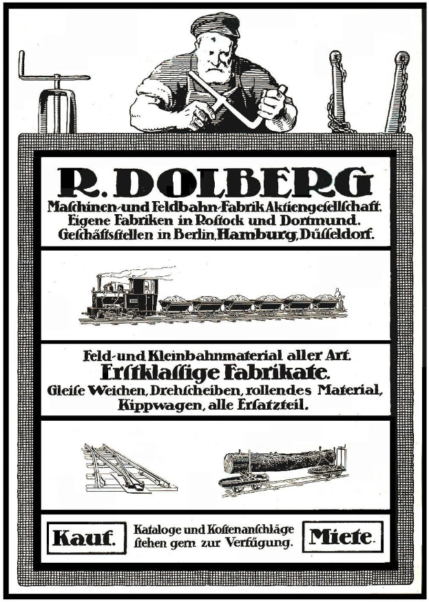 Werbeposter für die Fabrik von R.D. Dolberg in Hamburg, Deutschland, das Text und Bilder einer Person, eines Zugs und anderer Gegenstände zeigt.