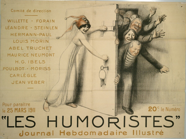 Ein Plakat an einer Gebäudewand mit einer Gruppe lachender, fröhlicher Menschen und der großen Schrift "Les Humoristes Journal Hebdomadaire Illustré" oben.