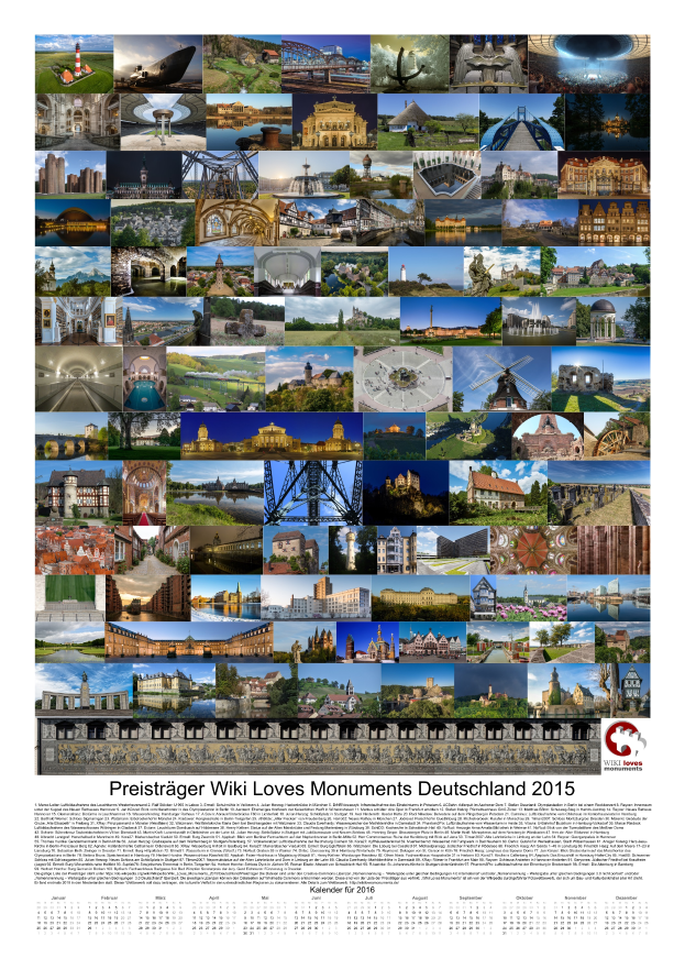 Ein Kalender aus dem Jahr 2015 mit einer Collage deutscher Denkmäler und der Aufschrift "Preisträger Wiki Loves Monuments Deutschland 2015".