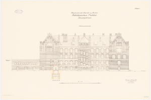 Eine Zeichnung des Bibliothek des Charles-Gebäudes in Berlin, das eine große Struktur mit zahlreichen Fenstern zeigt, begleitet von beschreibendem Text.