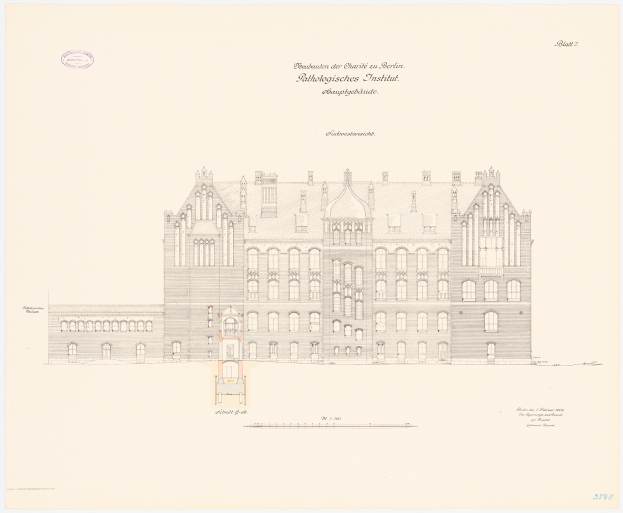 Eine Zeichnung des Bibliothek des Charles-Gebäudes in Berlin, das eine große Struktur mit zahlreichen Fenstern zeigt, begleitet von beschreibendem Text.