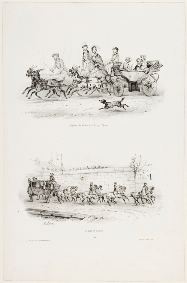 Eine Kutsche mit einer Gruppe von Menschen, die darin fahren, begleitet von einem Hund, der daneben läuft, mit Text, der die Szene beschreibt.