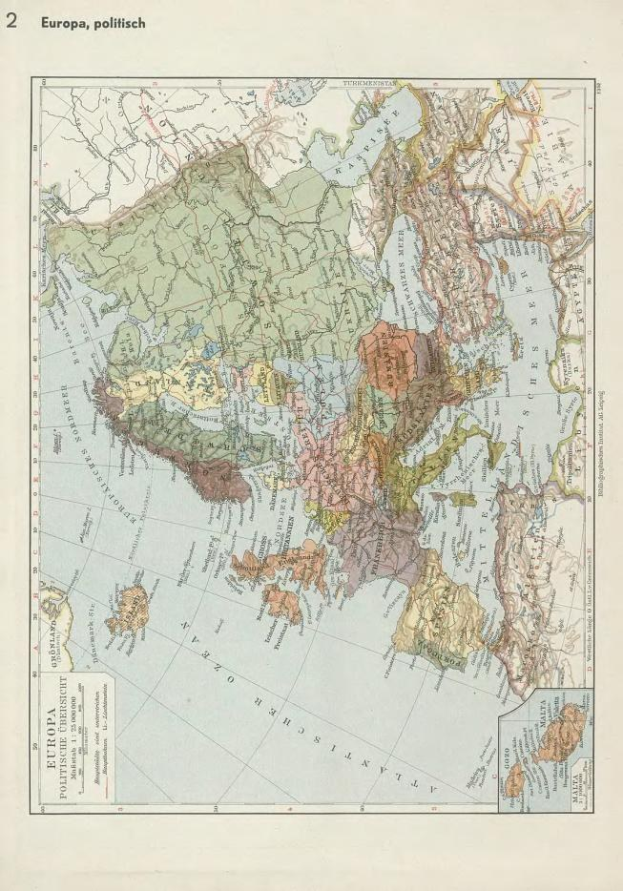 Eine Karte von Europa aus dem 19. Jahrhundert, die politische Grenzen zeigt, gedruckt auf Papier mit Text oben und unten.