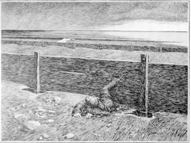 Schwarz-weiß-Illustration eines verzweifelten Mannes, der über einen Zaun gebeugt neben einem Gewässer liegt, mit der Überschrift "Der Tod eines Mannes" unten.