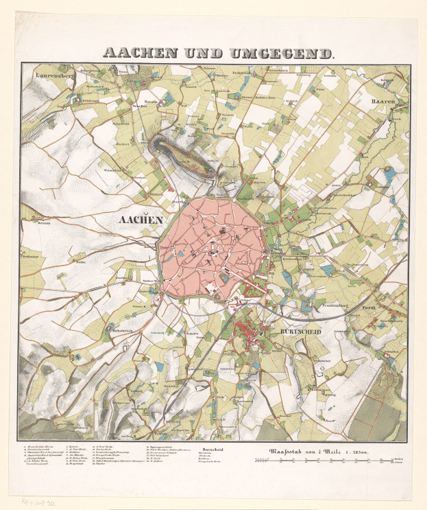 Ein detailliertes altes Stadtplan von Aachen, Deutschland, das Straßen, Gebäude und Sehenswürdigkeiten zeigt, mit Text oben und unten.