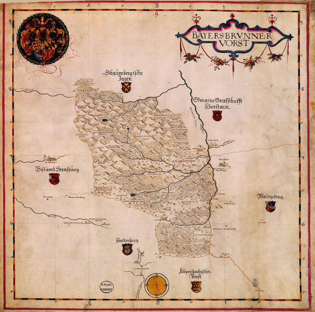 Eine 15. Jahrhundert-Karte von Bayern, die geographische Merkmale wie Flüsse, Berge und Städte zeigt, begleitet von informativem Text und Logos.
