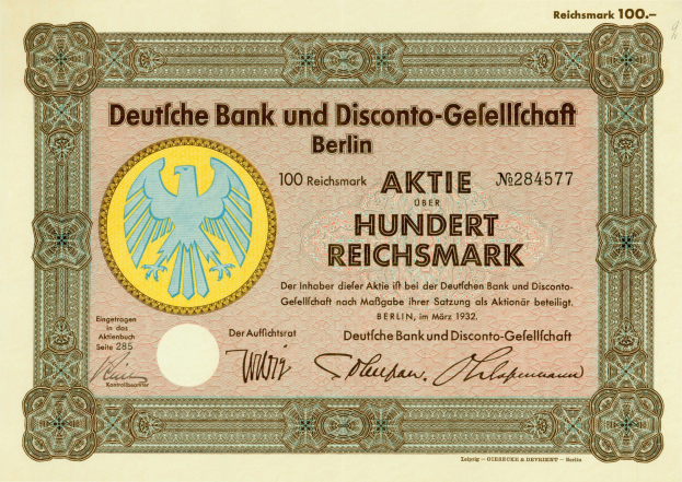Alte deutsche Banknote mit einer Vogeldarstellung und der Beschriftung "Deutsche Bank und Disconto-Gesellschaft Berlin"