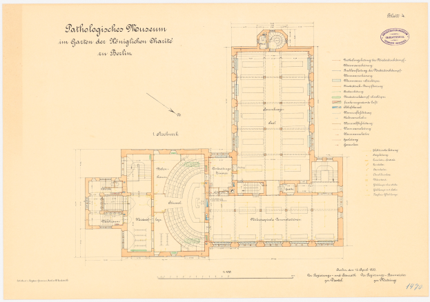 Ein detaillierter Grundrissplan des Rathologischen Museums in Berlin, der verschiedene Räume, Flure und Merkmale mit begleitendem Text zeigt.