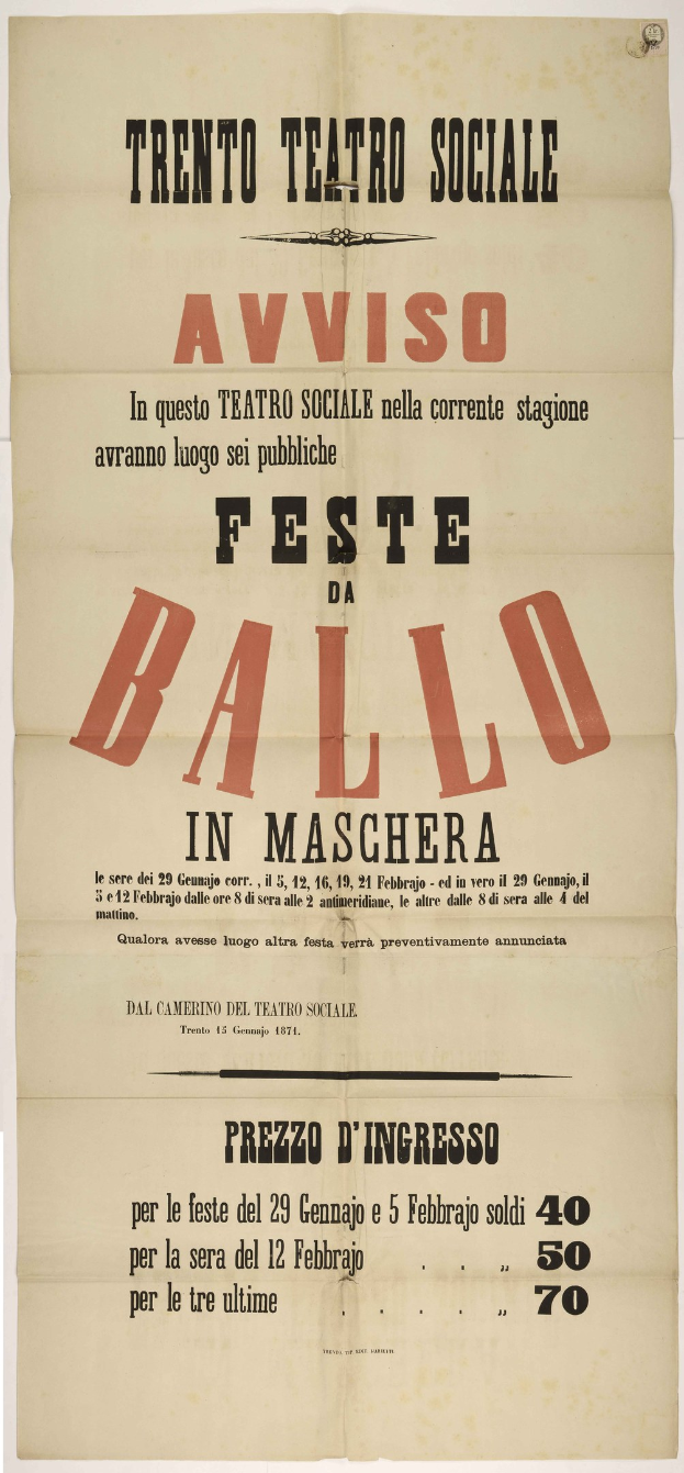 Ein Vintage-Plakat, das ein Festival in Maschera, Italien, ankündigt, mit Text, der das Ereignis beschreibt.