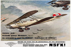 Eine Gruppe deutscher Kampfflugzeuge aus dem Zweiten Weltkrieg, die am Himmel fliegen, mit Text zu ihren Fähigkeiten.
