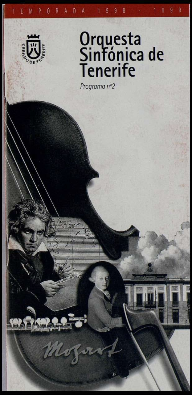 Plakat für Mozarts Symphonie Nr. 2 D-Dur, Op. 63, mit zwei Geigern im Vordergrund und einem Gebäude im Hintergrund, mit der Aufschrift "Orquesta Sinfónica de Tenerife Programa Nº 2".