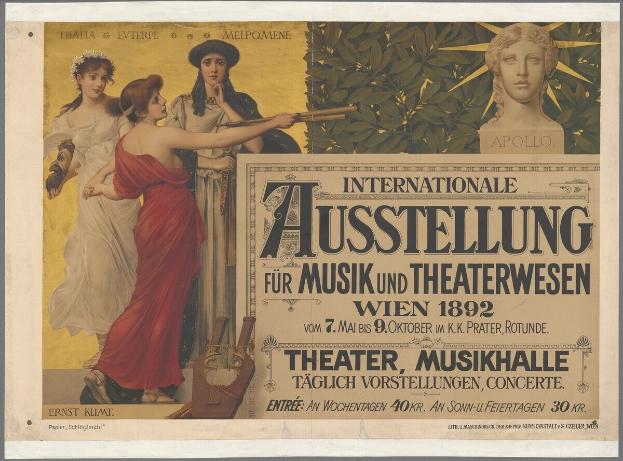 Plakat für die Internationale Ausstellung für Musik und Theaterwesen in Wien, das eine Gruppe von Menschen in einem Kreis mit einer Frau, die ein Musikinstrument hält, in der Mitte zeigt und Text über das Ereignis enthält.