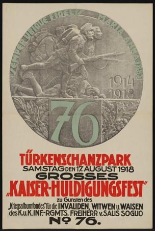Plakat zum 70-j├Ąhrigen Jubil├Ąum des Kaiser-Huldigungsfestes in Berlin, Deutschland, mit einer Gruppe von Menschen in der Mitte und umgeben von Text und Zahlen, gerahmt in einem Foto-Rahmen.