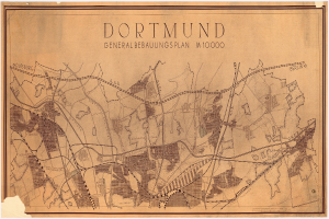 Ein detaillierter alter Stadtplan von Dortmund, Deutschland, der Stra├čen, Geb├Ąude und Sehenswürdigkeiten mit Textanmerkungen zeigt.