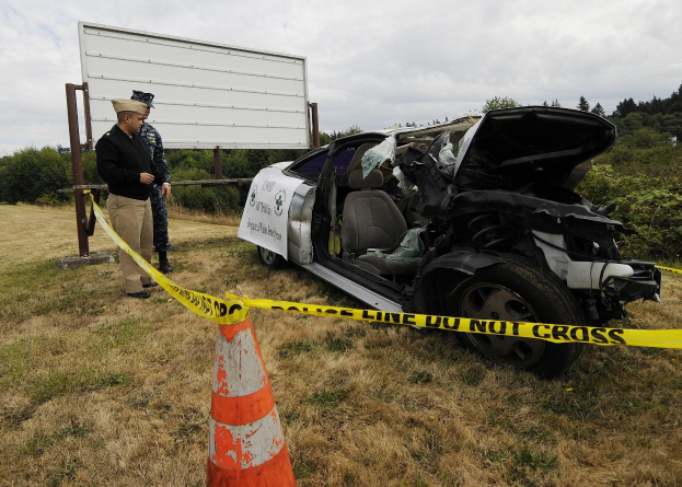 Ein Polizeibeamter in Uniform steht neben einem schwer beschädigten Auto am Straßenrand, mit eingedellter Motorhaube und zersplitterten Fenstern, während ein Verkehrskegel und ein markierter Pfahl in der Nähe gegen einen Hintergrund aus Bäumen und einer bewölkten Himmel sind.