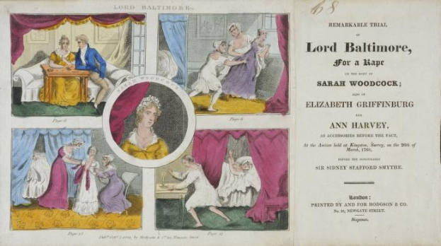 Illustration eines historischen Prozessdokuments mit Porträts, Vorhängen und Text zum Fall Lord Baltimore.