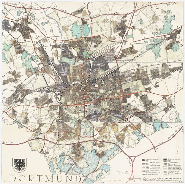 Eine alte Karte von Dortmund, Deutschland, gedruckt auf einem Poster mit einem Logo und Text unten.