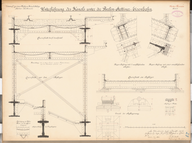 Ein detailliertes architektonisches Zeichnung des Berlin-Sienbahn-Brücke, mit Plänen, Text und strukturellen Details.
