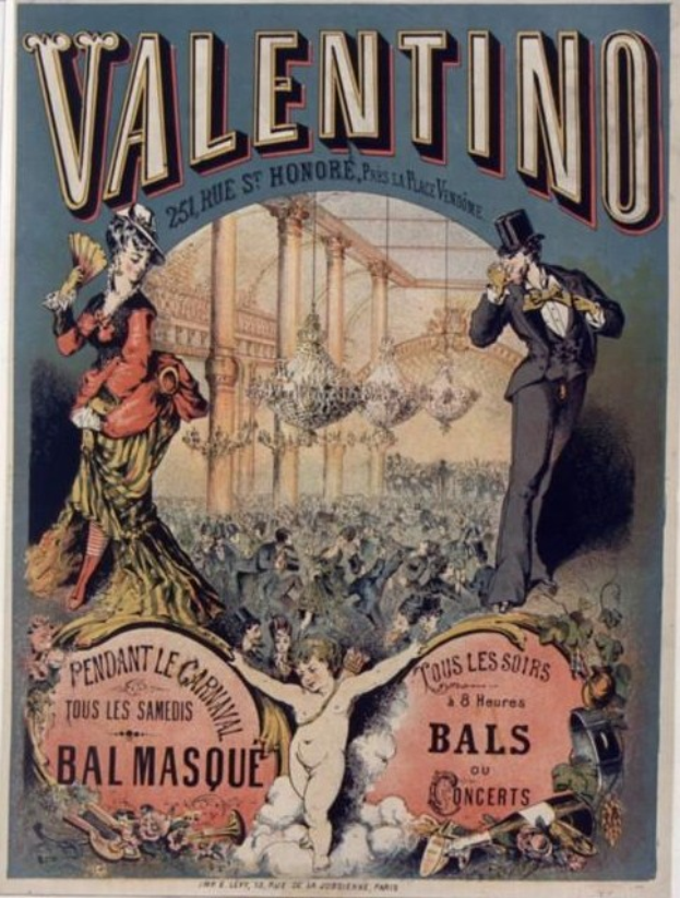 Ein Plakat für eine Valentinstagsparty in Paris, das einen Mann in Zylinder und eine Frau in einem langen Kleid zeigt, die nebeneinanderstehen, mit Text, der das Ereignis beschreibt.