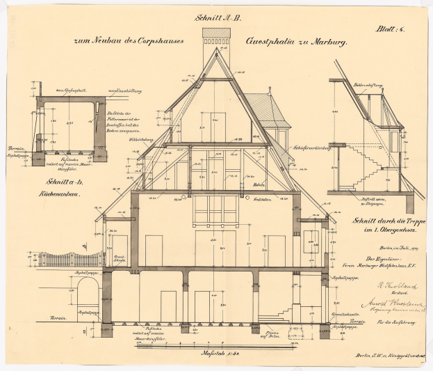 Schwarze und weiße Architekturdarstellung eines Hauses mit zahlreichen Fenstern und einem Dach, beschriftet als erstes Haus in Deutschland, begleitet von detaillierten Plänen und Text.