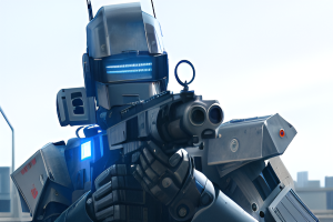 Ein Roboter mit einer Waffe in der Hand steht vor einer Stadtkulisse mit Gebäuden, einem Mast und dem Himmel im Hintergrund und sieht bereit für den Kampf aus.