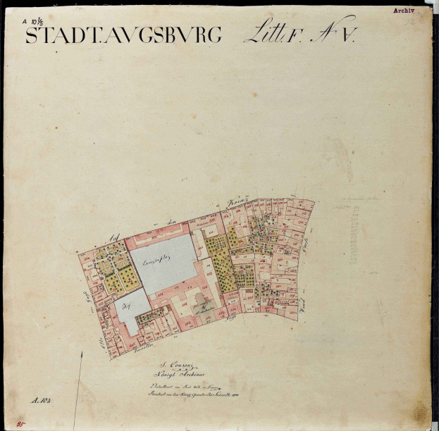 Ein detaillierter alter Stadtplan von Stadtavgsbvrg, der Straßen, Gebäude, Sehenswürdigkeiten und Text mit Informationen über die Bevölkerung, Sehenswürdigkeiten und Straßen zeigt.