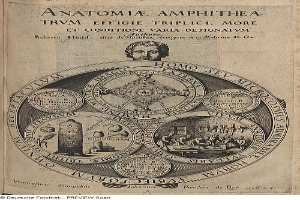 Ein aufgeschlagenes Buch mit dem Titel "Anatomia Amphithea" zeigt eine Zeichnung eines Mannes mit ernster Miene, der ein weißes Hemd und dunkle Hosen trägt und vor einem hellblauen Hintergrund steht.