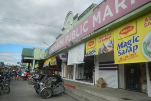 Eine belebte Stadtstraße mit parkenden Fahrzeugen, Fußgängern, Gebäuden, Strommasten, Bäumen und einem bewölkten Himmel, mit einem "Bongabon Public Market"-Laden im Vordergrund.