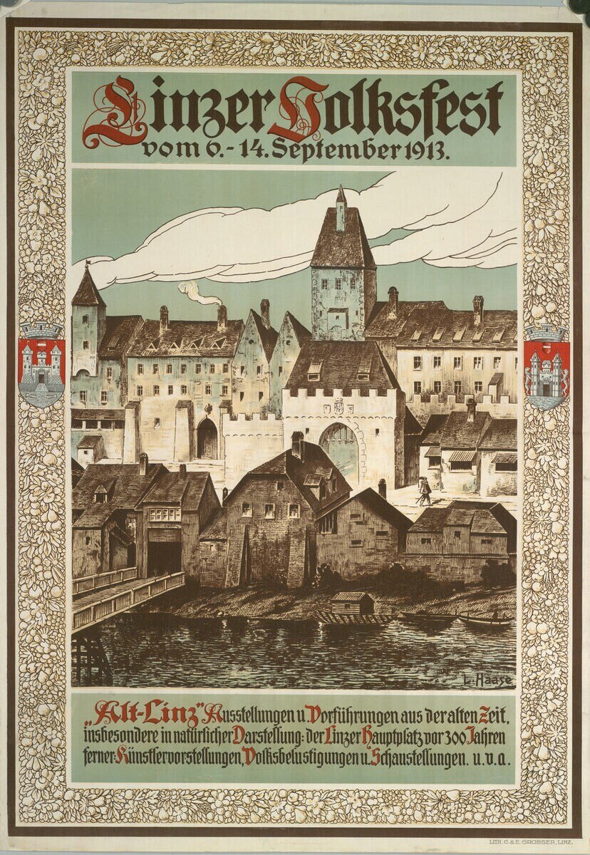 Alter deutscher Festivalplakat mit einer Burgenillustration umgeben von H├Ąusern und Text.