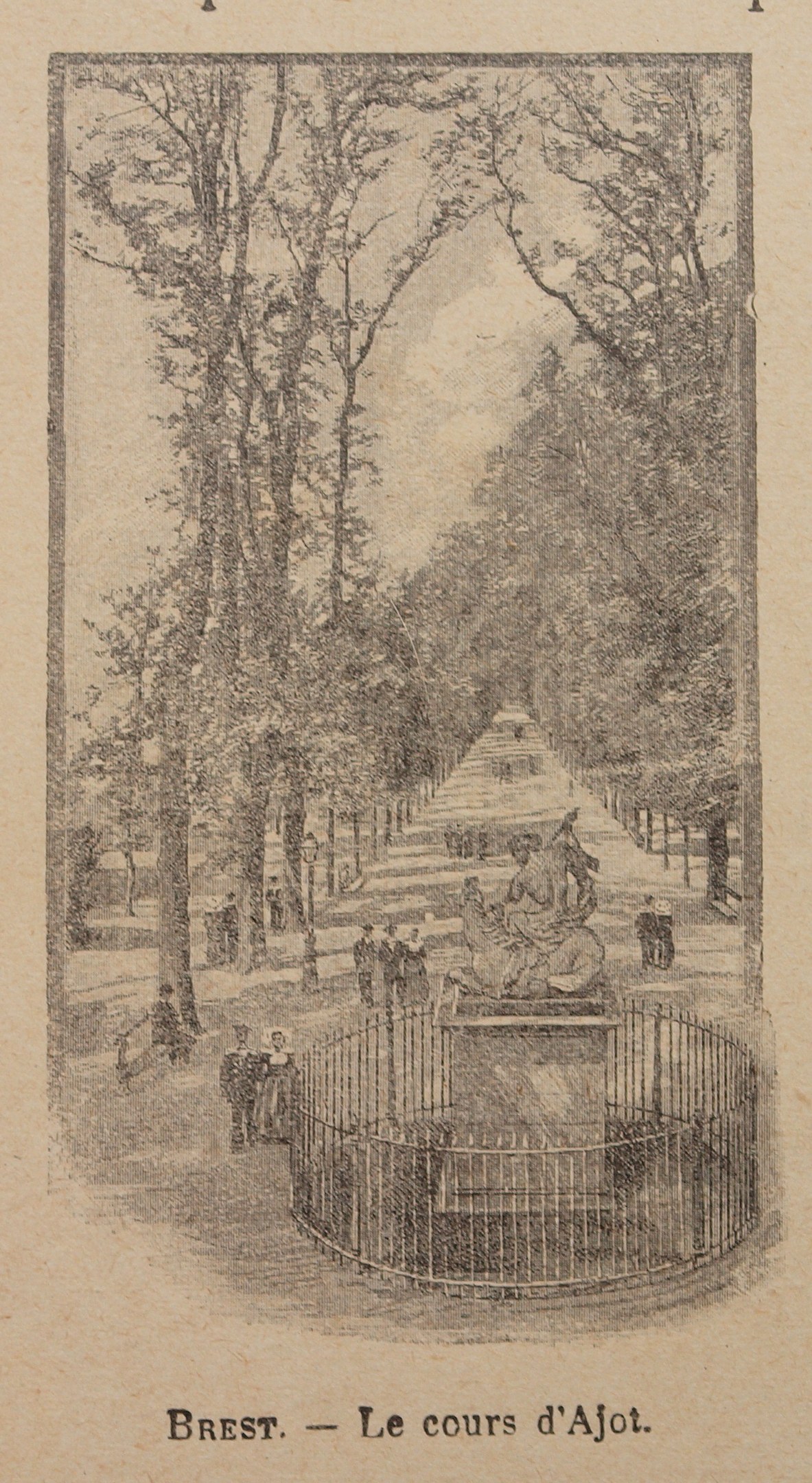 Ein altes Buch mit einer Zeichnung eines Parks mit hohen Bäumen, Menschen, die einen Weg entlanggehen, einem Zaun und Text über die Geschichte und Kultur des Parks.