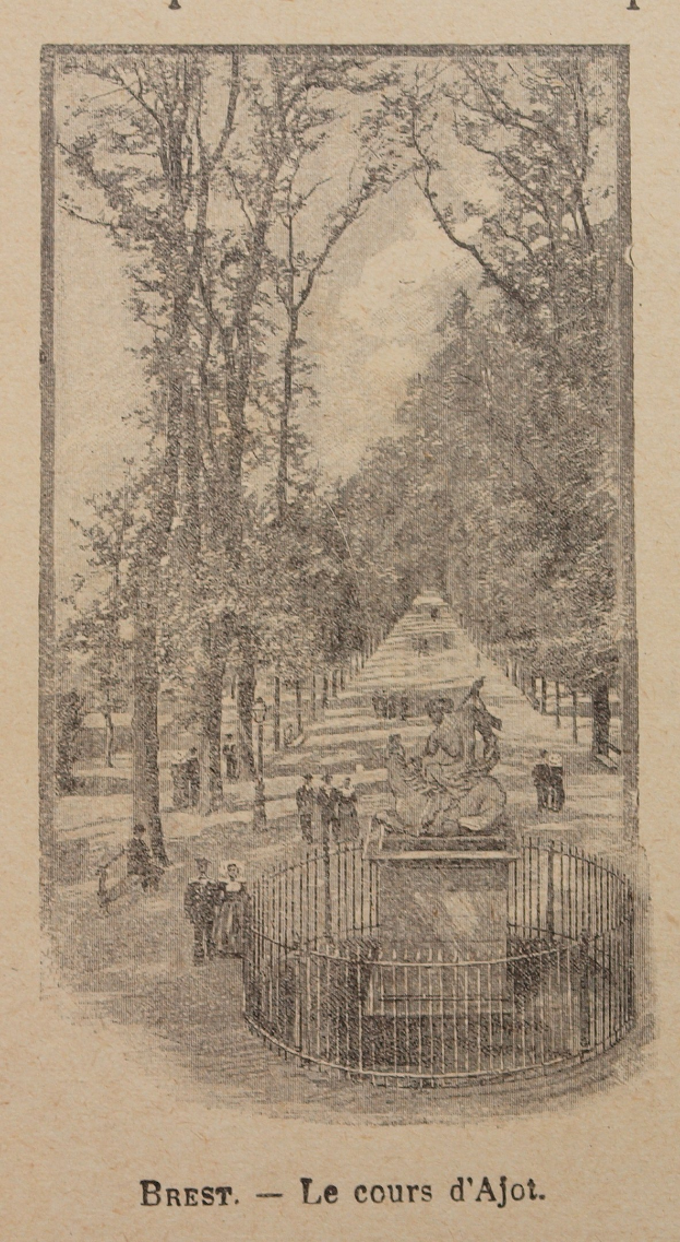 Ein altes Buch mit einer Zeichnung eines Parks mit hohen Bäumen, Menschen, die einen Weg entlanggehen, einem Zaun und Text über die Geschichte und Kultur des Parks.