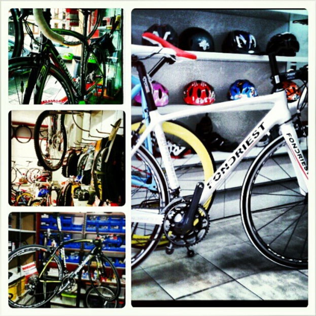 Ein Collage mit verschiedenen Fahrrädern und Helmen.