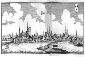 Eine Schwarz-Weiß-Zeichnung einer Stadt mit einem Schloss im Hintergrund, umgeben von Bäumen, Wasser und Wolken am Himmel, mit der Beschriftung "Köln, Deutschland" unten.