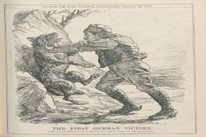 Ein aufgeschlagenes Buch mit einer Zeichnung eines Mannes mit Hut und entschlossener Miene sowie einem Hund neben ihm und der Aufschrift 'Der erste deutsche Sieg' auf der Seite.