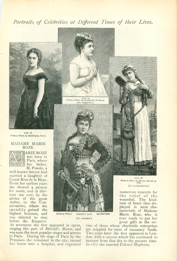 Ein altes Buch mit dem Titel "Porträts von Prominenten zu verschiedenen Zeiten ihres Lebens" zeigt eine Frau in einem langen, wallenden Kleid mit einem hohen Kragen und langen Ärmeln, deren Haar zurückgebunden ist und die den Betrachter sanft ansieht.