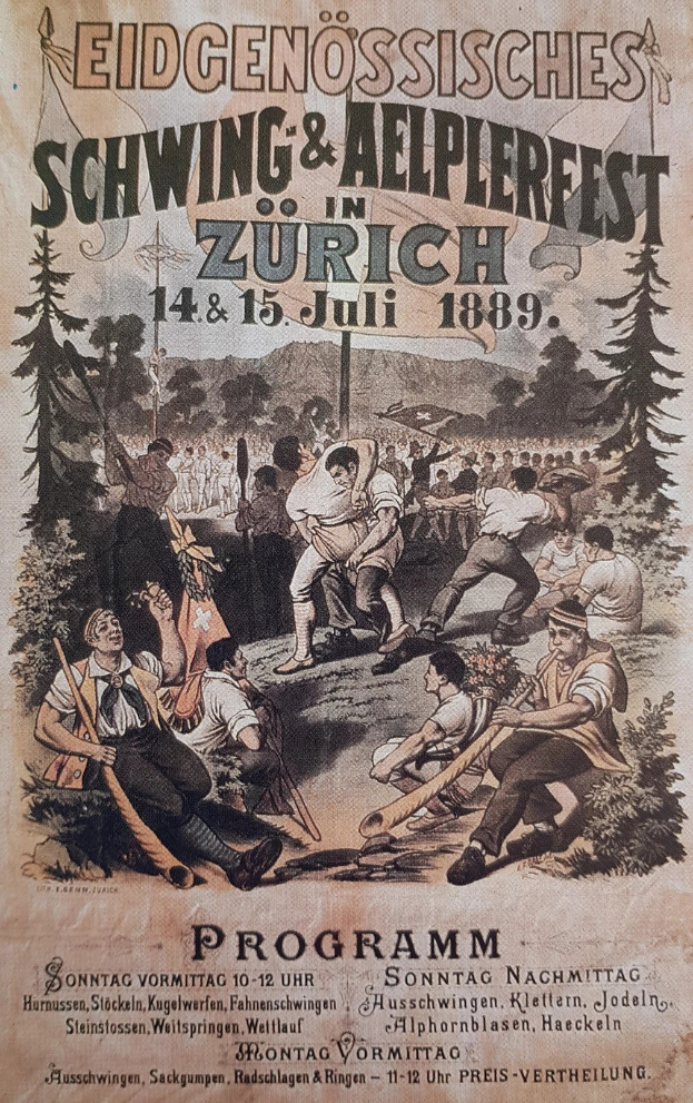 Alter Festivalplakat in Zürich, Schweiz, mit einer Gruppe von Menschen mit Stöcken und Bäumen im Hintergrund und Text über das Ereignis.