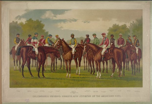 Gruppe von Menschen, die auf einem grünen Feld mit Bäumen und einem blauen Himmel reiten, mit Text unten, der "Gewinnende Pferde und Jockeys der American Turf" lautet.