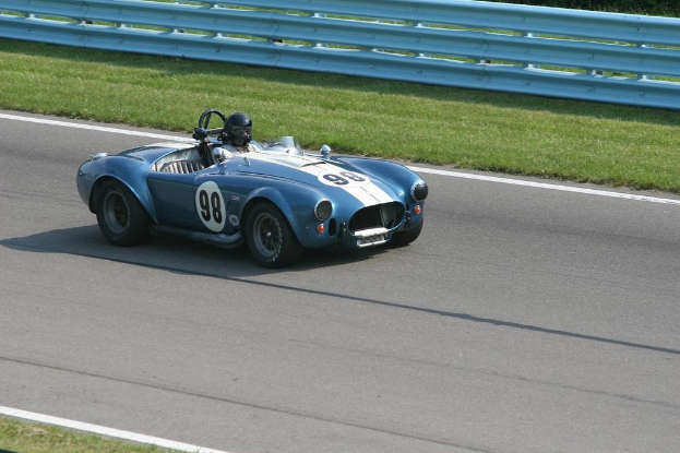 Ein Auto mit einer Person darin fährt auf einer von Gras gesäumten Straße, wobei an der Spitze des Bildes ein Geländer zu sehen ist.