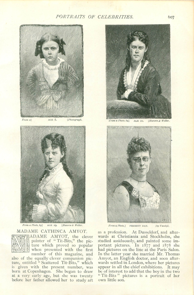 Ein aufgeschlagenes Buch mit vier detaillierten, farbenfrohen Porträts von Frauen mit einzigartigen Ausdrücken und Frisuren sowie sauberer Schrift.