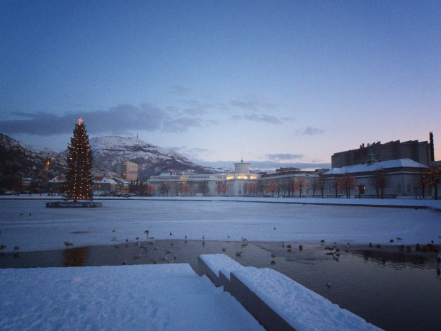 Eine Stadtansicht mit Gebäuden, Häusern, Bäumen und Pflanzen auf beiden Seiten, ein Weihnachtsbaum mit Lichtern links, Bergen und Schnee im Hintergrund, einem bewölkten Himmel darüber und ein paar Vögeln auf dem schneebedeckten Boden mit Wasser darunter.