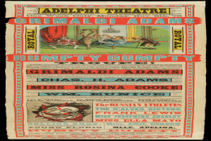 Ein buntfarbiges Plakat für die Adelphi-Theater-Produktion von Humpty Dumpty, das eine Gruppe von lachenden, fröhlichen Menschen in farbenfrohen Kostümen zeigt, mit fetter schwarzer Schrift auf gelbem Hintergrund und einem roten Rand.