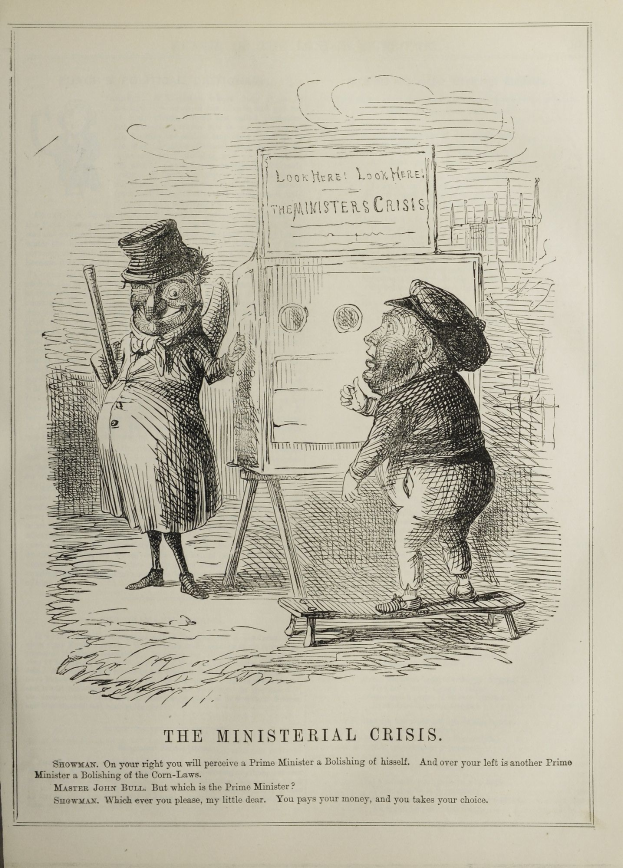 Ein altes Buch mit einer Zeichnung eines Mannes in Anzug und Hut und einer Frau in Schürze und Kleid, die entschlossen vor einem Schild mit der Aufschrift "Ministerielle Krise" stehen.