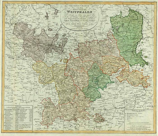 Ein gerahmtes altes Deutschland-Karte, das die Provinzen Westfalen hervorhebt, mit zusätzlichem Text, der Informationen über die Region bereitstellt.