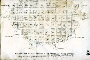 Ein detaillierter alter Stadtplan von Berlin, Deutschland, auf einem schwarzen Hintergrund, der Straßen, Gebäude, Sehenswürdigkeiten und Text mit Straßennamen und Informationen zu Sehenswürdigkeiten zeigt.