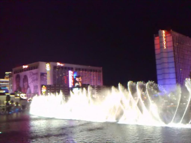Ein Brunnen mit Wasser am Boden, umgeben von Gebäuden, Plakaten, Bildschirmen, Lichtern, Pflanzen und Himmel.