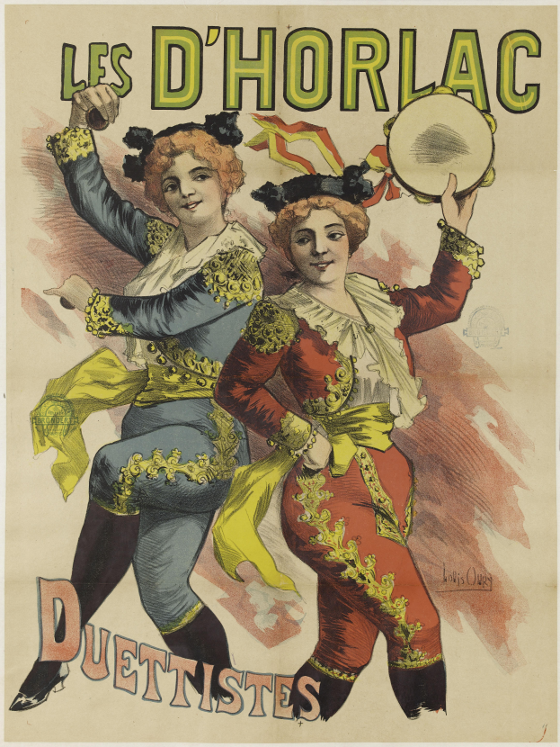 Ein Plakat, das eine Show namens 'Les d'Horlac duettistes' mit zwei lachenden Frauen in bunten Kleidern ankündigt, einer gelben und einer blauen, die nebeneinander stehen und direkt in die Kamera schauen.