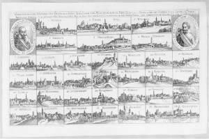 Eine Schwarz-Weiß-Zeichnung der Stadt Köln, umgeben von kleineren Bildern und Texten, die die Geschichte der Stadt erzählen.